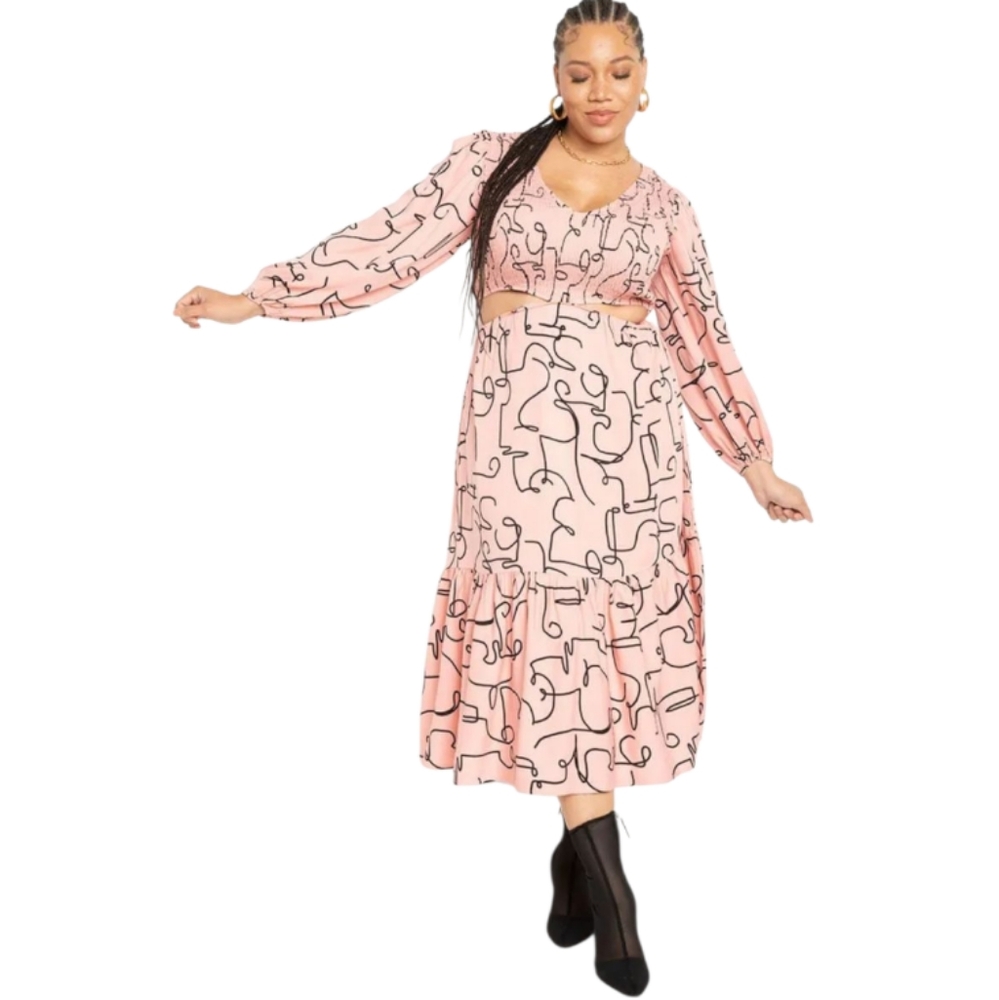 ELOQUII salmon pink cutout smocked bodice puff sleeve blogger fave midi dress 22